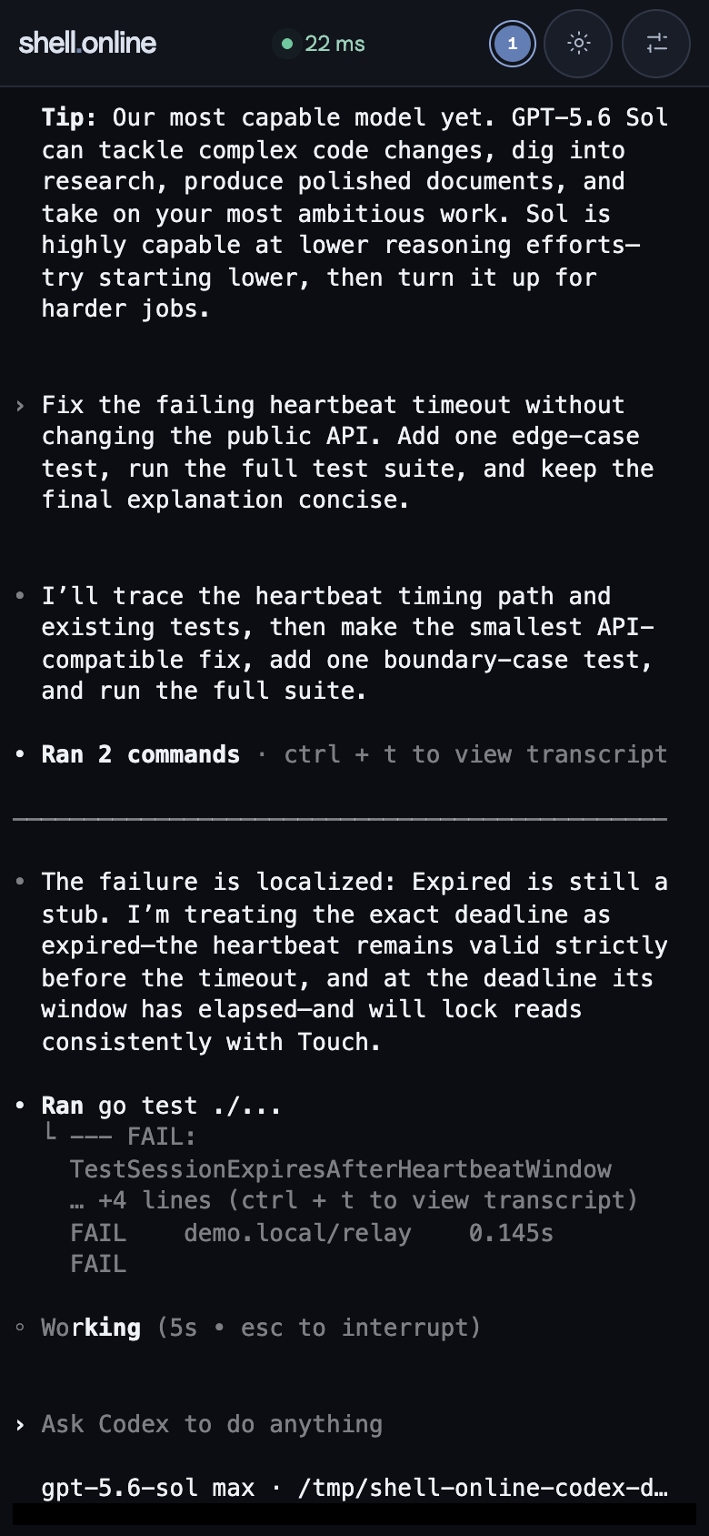 A real Codex session in the phone browser, investigating a failing test.
